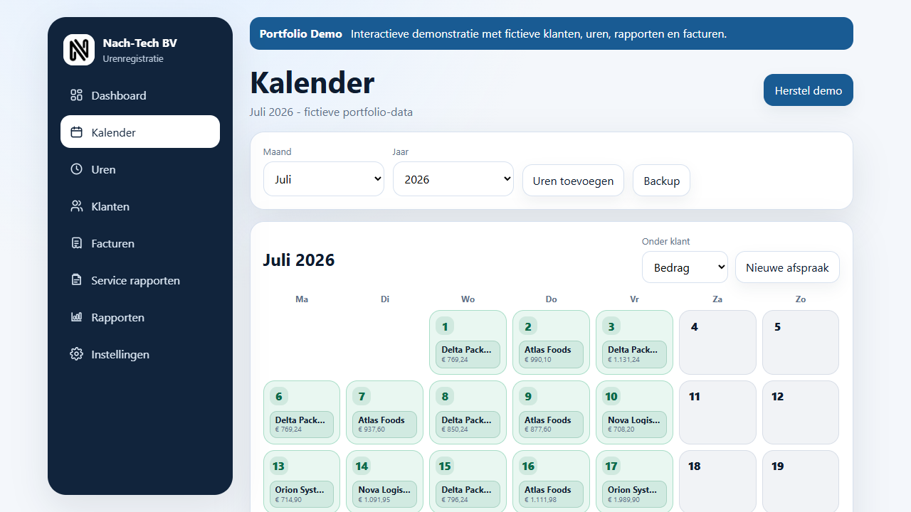 Nach-Tech calendar showing jobs, clients and daily totals.