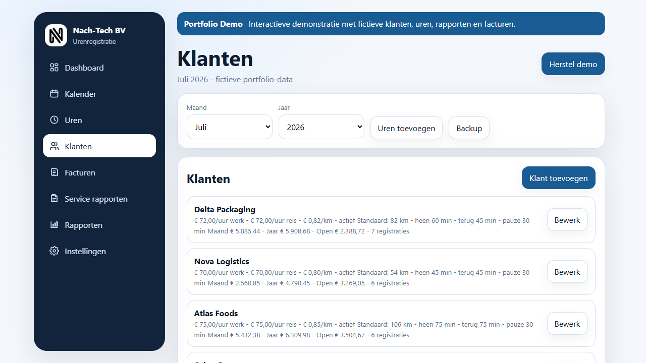 Nach-Tech client management view with rates, travel rules and financial totals.