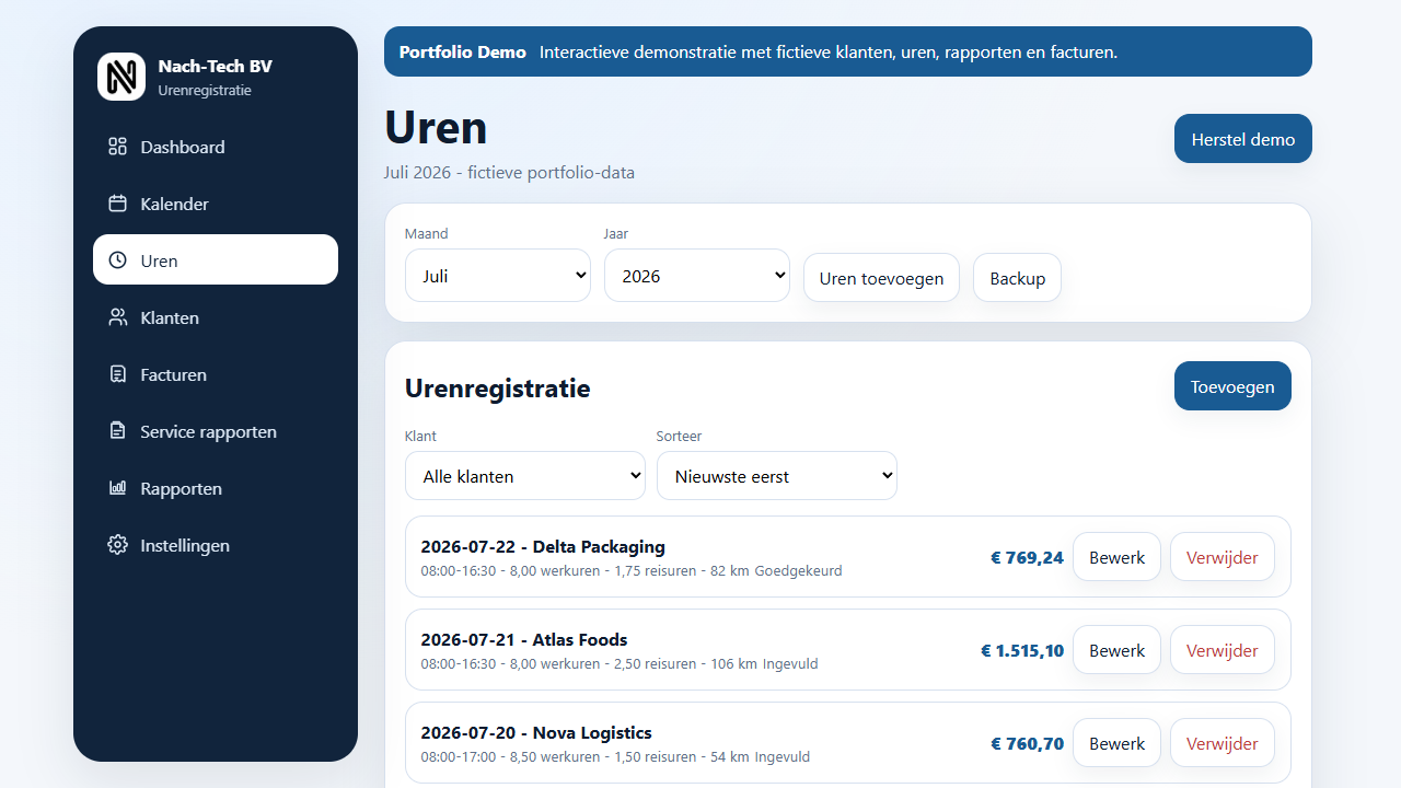 Nach-Tech time registration view with working hours, travel, mileage and approval state.