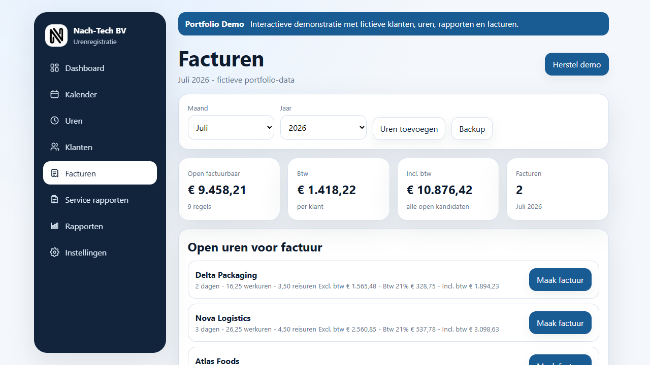 Nach-Tech invoice screen showing uninvoiced hours and calculated totals.