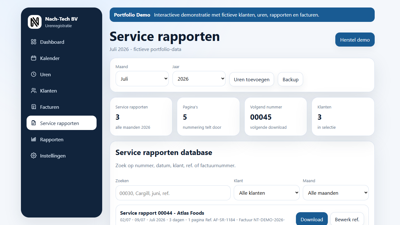 Nach-Tech searchable service report database linked to clients and invoice records.