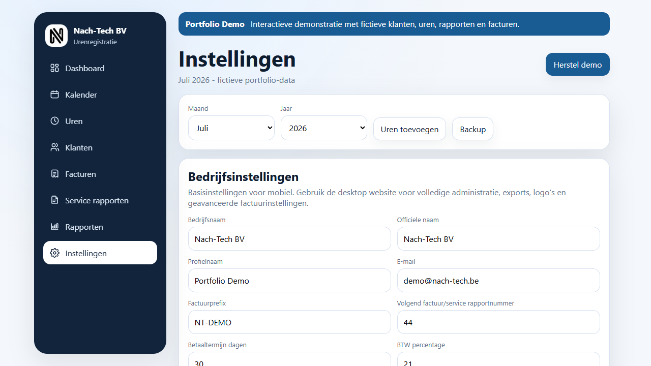 Nach-Tech settings view for company details and invoice configuration.