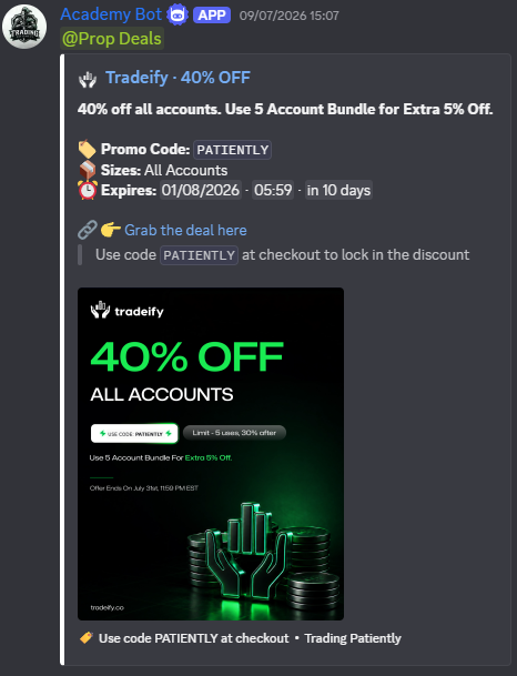 A Tradeify offer published automatically with the server’s referral code.