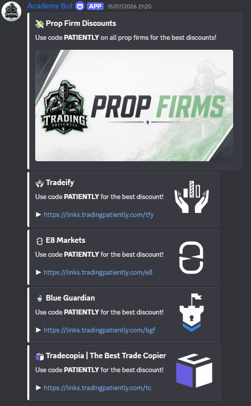 Discord bot showing a directory of current prop-firm discounts.